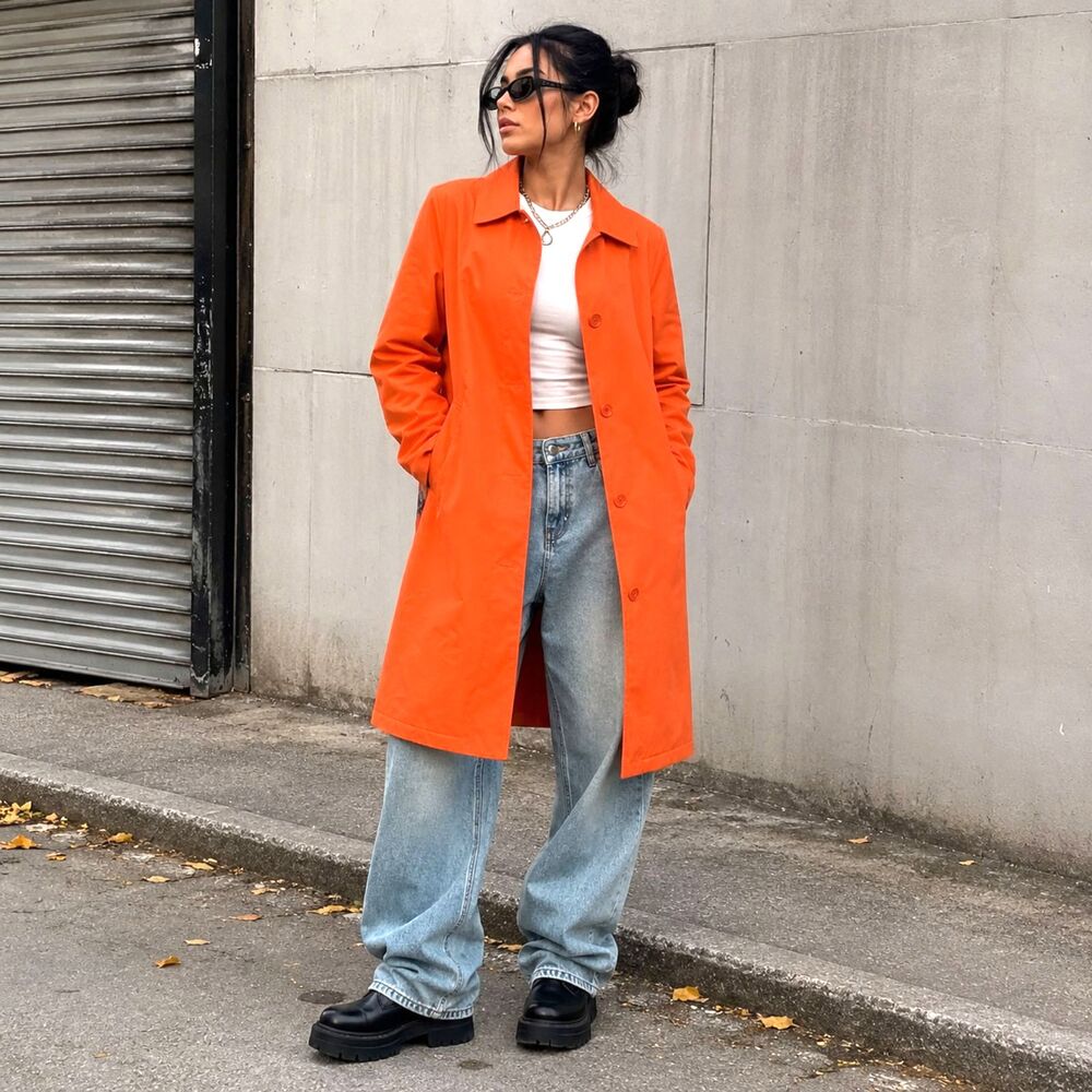Vintage Y2K Esprit Orange Trench Rain Coat Jacket XL Retro Streetwear